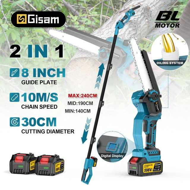 Gisam 2-in-1 Bürstenlose Teleskop-Elektrokettensäge als kabellose Hochastsäge für Makita 18V Akku, Blau - Bild 1