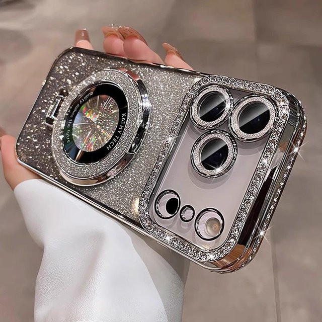 Apple iPhone 17 Pro Max Hülle mit Glitzer Strass, magnetischem Ständer und Linsenfolie, stoßfest und weich, silber - Bild 1