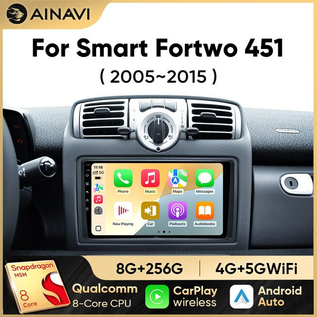 Ainavi Android Multimedia-Player für Mercedes Benz Smart Fortwo 451 (2005 - 2015) mit kabellosem Android Auto, CarPlay und 4G-Unterstützung, Schwarz, 2 Din - Bild 1