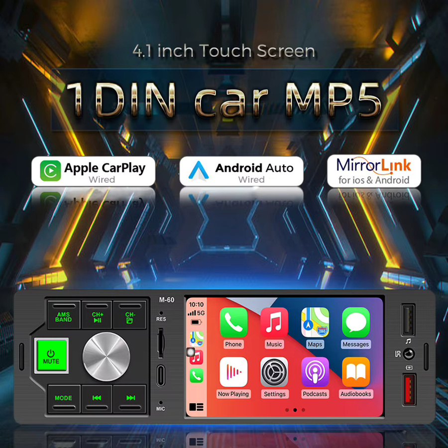 NaviFly 1Din MP5 Autoradio mit 4,1 Zoll Touchscreen in Schwarz mit Wired Carplay und Android Auto Multimedia-Video-Player - Bild 2