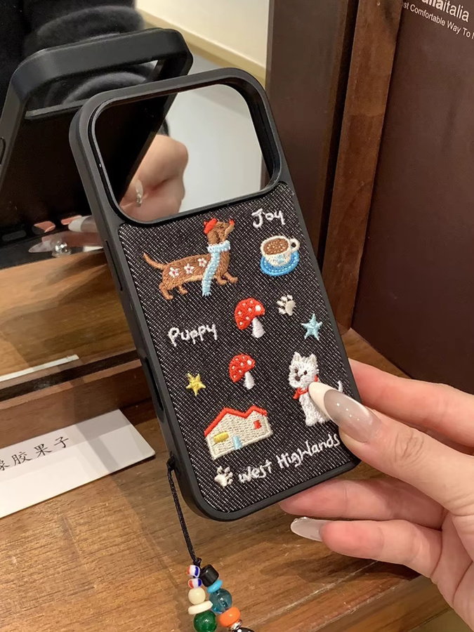 KASONPAI Handyhülle mit niedlichem Welpen-Motiv aus warmem Stoff und Retro-Denim-Stickerei für iPhone 17 Pro Max, 16, 15, 14 Pro Max, stoßfeste Abdeckung - Bild 2