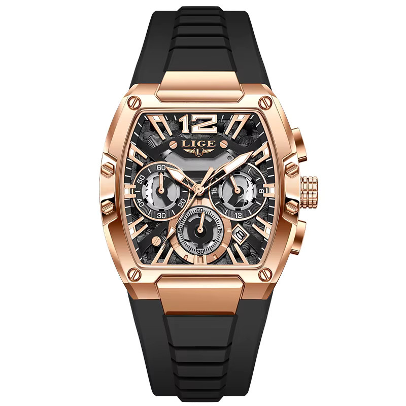 LIGE Chronograph Herren-Armbanduhr, Quarz, Silikonarmband, Schwarz, Roségold - Bild 6