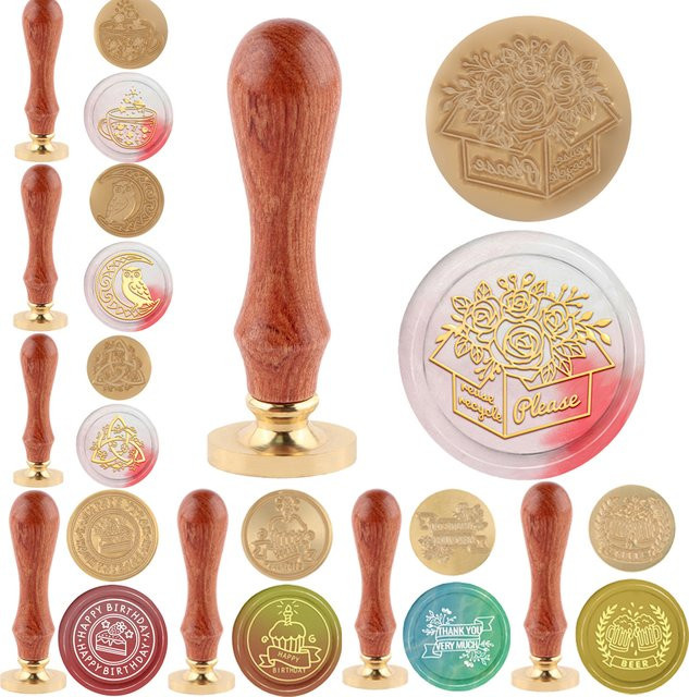 Runder Messingstempel mit abnehmbarem Kopf und Holzgriff für Kerzen, Erdbeer- und Kuchenmotive zur Dekoration von Geschenken und Postkarten - Bild 1