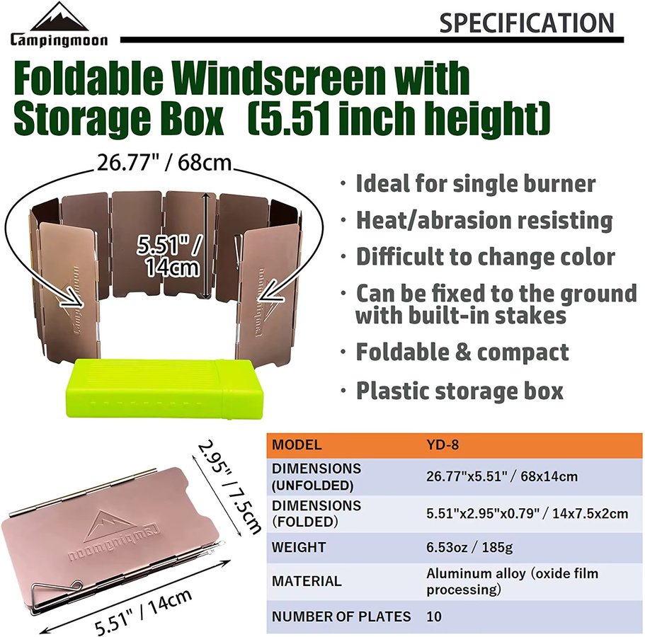 CAMPINGMOON YD-8 Mini Windschutz aus Aluminiumlegierung für Picknick-Kocher, faltbar und tragbar, B/T/H: 6,8 x 14,0 x 7,5 cm - Bild 2
