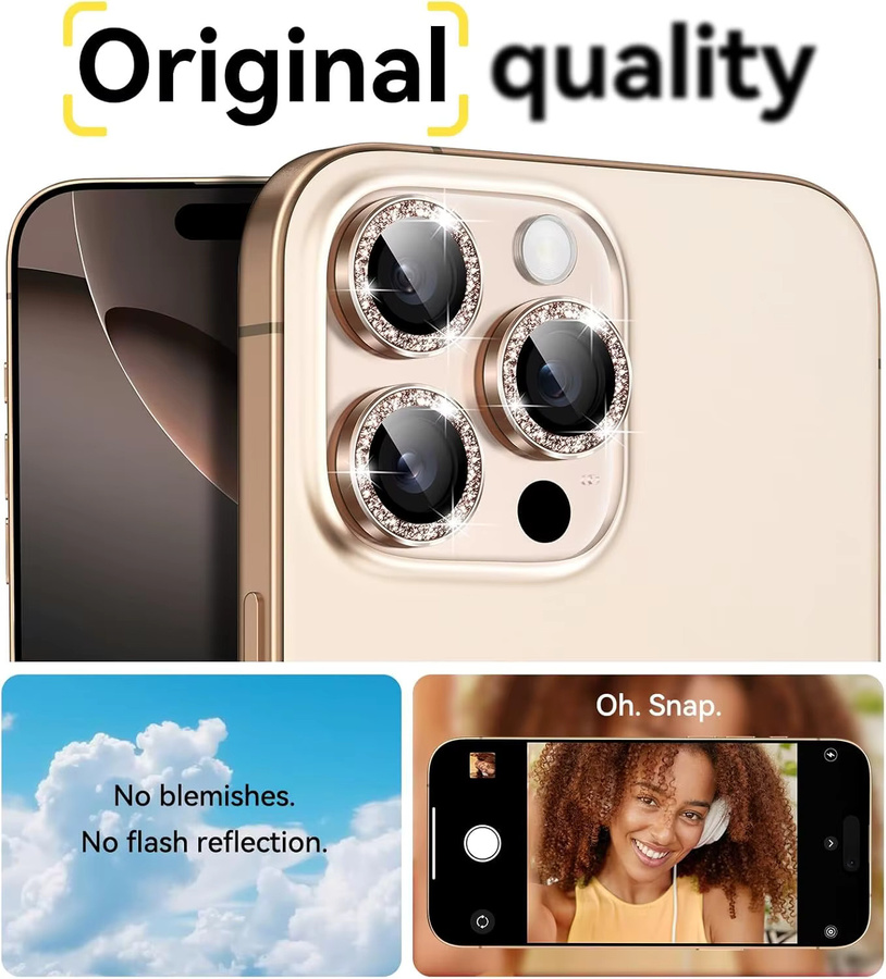 Kameraobjektivschutz Set für Apple iPhone 17-11 Pro Max mit Glitzer-Metallrand aus gehärtetem 9H HD Glas in Wüstentitan-Gold - Bild 5