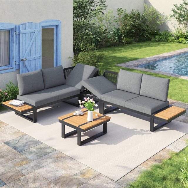PINGGO Gartenmöbel-Set mit verstellbarer Neigungs-Funktion in 5 Stufen, Tisch mit Kunststoff-Holz-Platte und verzinktem Stahlrohr, Farbe: Grau - Bild 1
