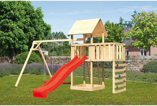 Karibu Spielturm Lotti Doppelschaukel Anbauplattform Kletterwand Rutsche Rot - Bild 1
