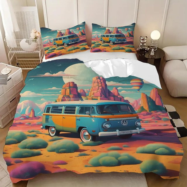 Bettwäsche Set mit Wohnmobil Muster im 3D-Druck, Cartoon Stil, Bettbezug und Kissenbezug, EU Single, B/H: 135 x 200 cm - Bild 1