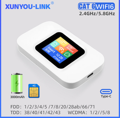 XUNYOU-LINK Mobiler WLAN-Router mit Wi-Fi 6 und 4G LTE Cat 6, Tragbarer Hotspot mit 3000mAh Akku in Weiß