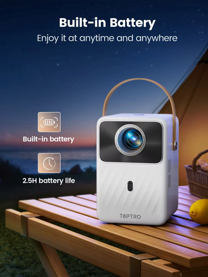 TOPTRO Tragbarer Projektor mit Android 9.0, 1080P Auflösung, 380 ANSI, Elektrischer Fokus und Eingebautem Akku in Weiß - Bild 1