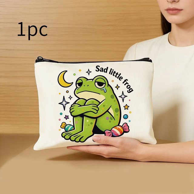 Kreative Leinwand-Tasche mit Frosch-Motiv und Reißverschluss in Weiß - Bild 1