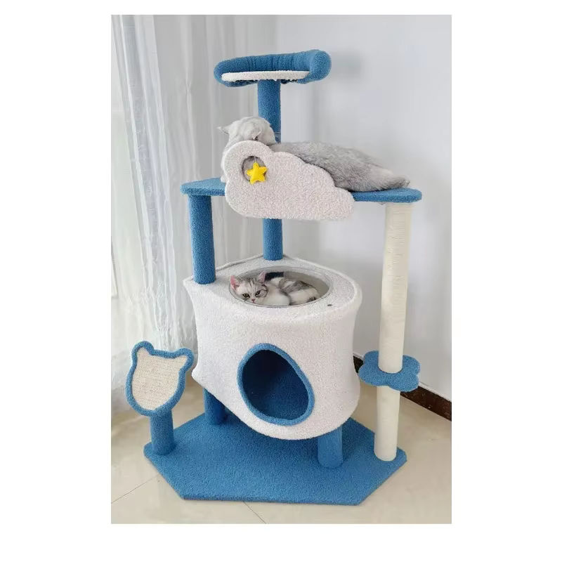 Multifunktionaler Katzenkratzbaum aus Sisal und Textil in Blau, mehrstöckiger Katzen-Kletterrahmen mit Katzenhaus-Turm - Bild 6