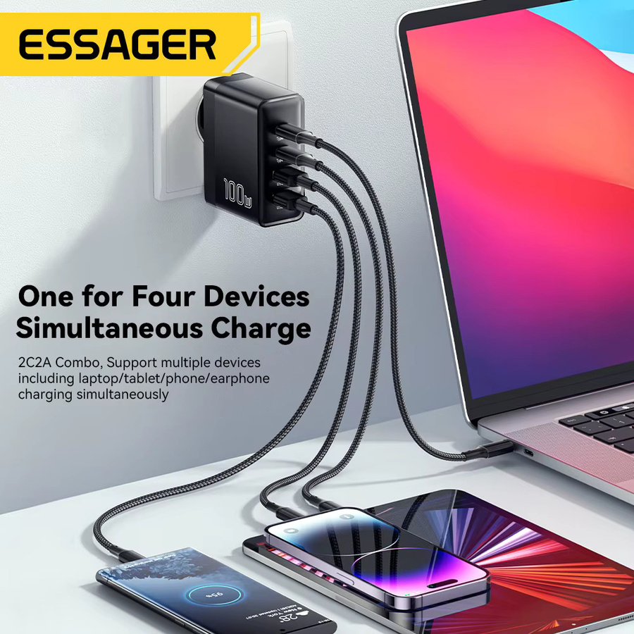 Essager 100 W GaN USB Typ C Ladegerät mit PD Schnellladung, Schwarz, US/KR Stecker für Laptop, MacBook, iPhone und Samsung - Bild 5