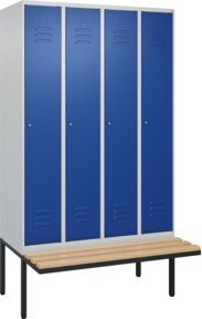 C+P Spind Classic PLUS Garderobenschrank mit Sitzbank, 4 Abteile, B/T/H: 212 x 120 x 81,5 cm, Zylinderschloss, 4 Garderobenhaken, mittige Trennwand, auskragende Sitzbank, Buche-Hartholz und Stahl - Bild 1