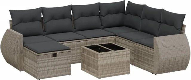 vidaXL 8-teilige Garten-Sofagarnitur in L-Form mit Kissen und Couchtisch, Hellgrau, Poly Rattan und Metallgestell - Bild 1