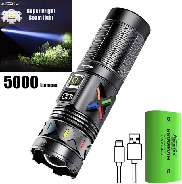 Alonefire LED Hochleistungs-Taschenlampe mit 5000 Lumen und Zoom, USB-aufladbar, Schwarz, Aluminium - Bild 1