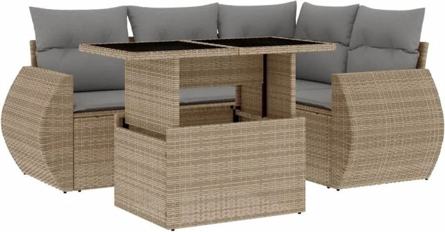 vidaXL 5-teilige L-Shape Garten-Sofagarnitur aus PE-Rattan in Beige mit Kissen und pulverbeschichtetem Stahlgestell - Bild 1