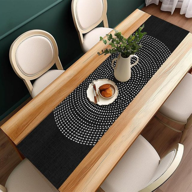 Minimalistischer Tischläufer JINGYUE Pet mit Punkt-Design in Schwarz-Weiß-Braun, B/H: 40 x 140 cm - Bild 1