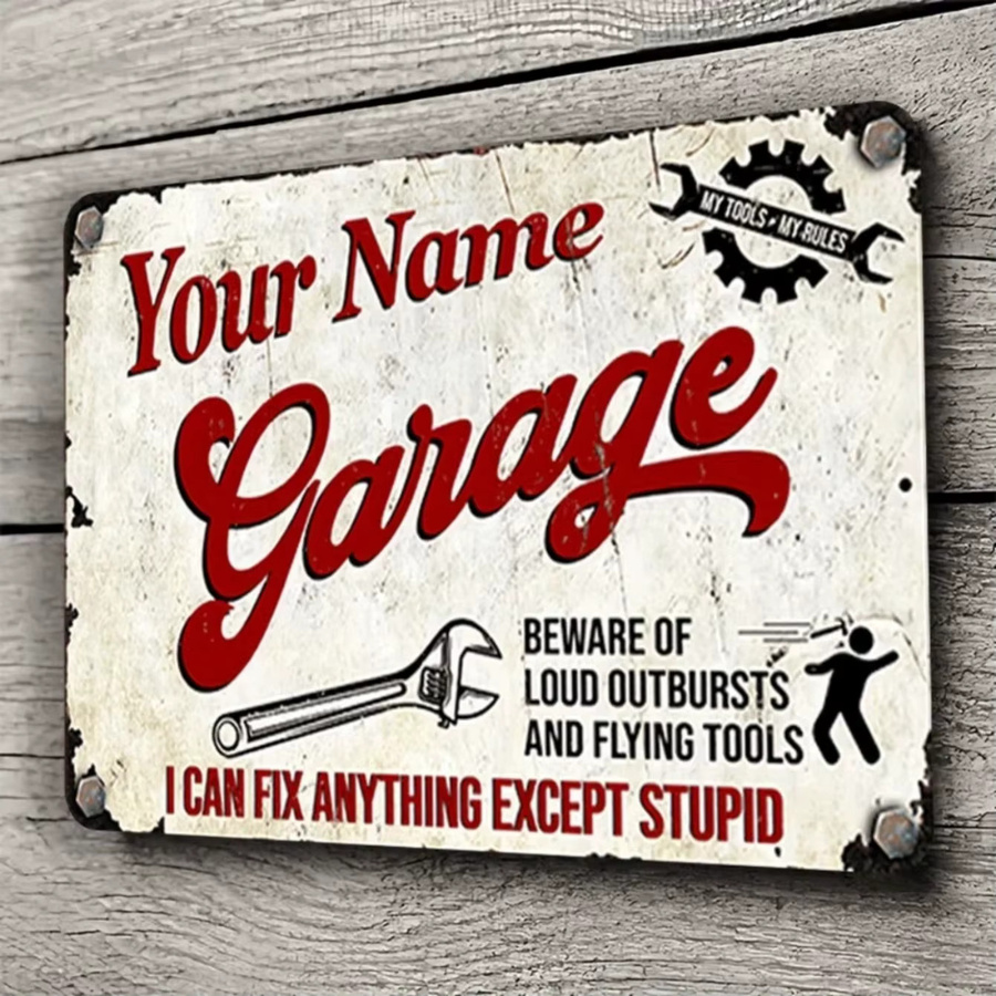 Personalisierbares Retro-Garagenschild aus Metall von CIFBUY in Rot und Weiß mit individuellem Text im Vintage-Stil - Bild 2