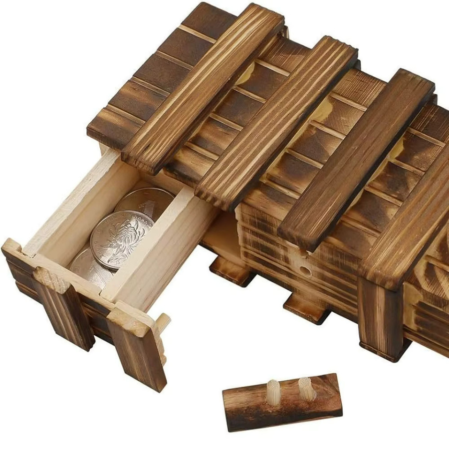 Versteckte Geld-Holzkiste in Braun als tragbare Puzzle-Box mit Trickschloss zur geheimen Aufbewahrung von Schlüsseln, Medizin und Werten - Bild 4