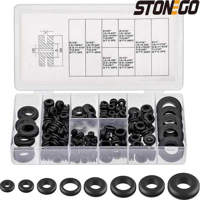STONEGO Gummitülle Sortiment Kit aus Kunststoff, 180 Teile, Schwarz, Set mit O-Ringen von 1/4" bis 1" - Bild 1