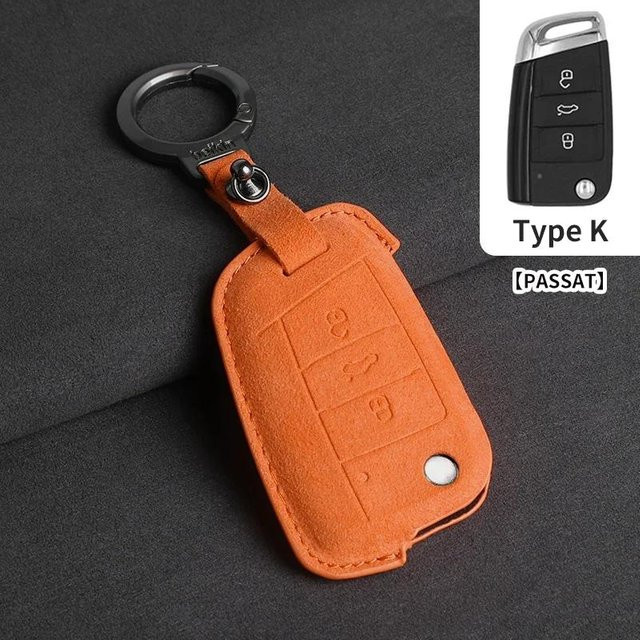 Wildleder Auto Klappschlüssel Hülle für VW Volkswagen Golf 7 MK7 Tiguan MK2 T-roc T-cross Skoda Octavia Kodiaq Karoq Seat Ateca Leon in Orange - Bild 1