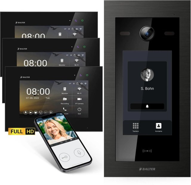 Balter EVO HD Touch Video-Türsprechanlage mit Touchscreen und RFID für Dreifamilienhäuser, Schwarz, inklusive 3x 7 Zoll Monitor - Bild 1