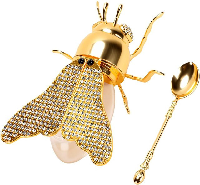 Dekorativer Honigbehälter aus Glas in Bienenform mit Löffel von Fishine, transparent und beige mit Strassstein-Verzierung, luftdicht und auslaufsicher - Bild 1