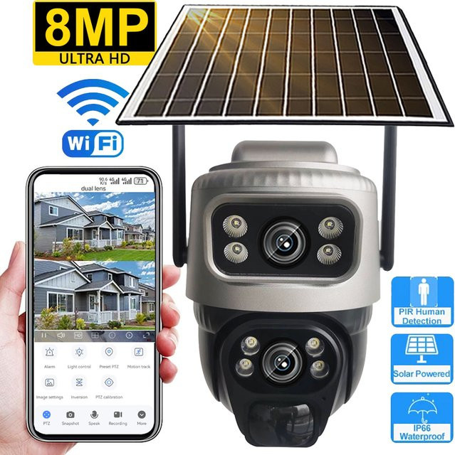 V380 WiFi Solar IP Kamera Outdoor mit Dual Objektiv, PTZ und PIR Bewegungserkennung zur CCTV Überwachung - Bild 1