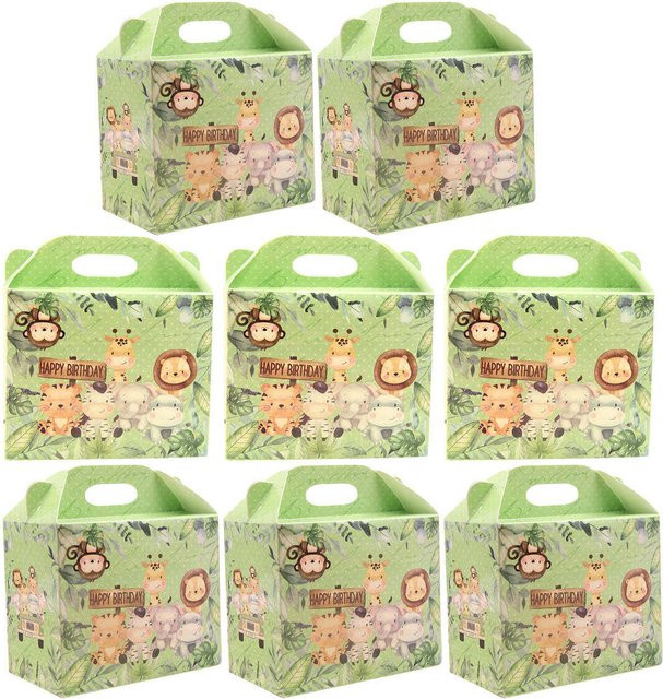 6er Set Geschenkboxen aus Papier mit Dschungel Motiv Löwe und Affe in Grün für Kindergeburtstage und Partys - Bild 1