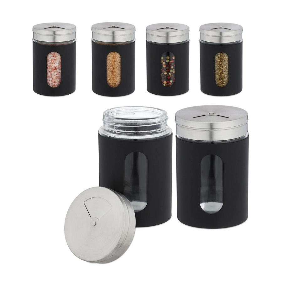 Relaxdays Gewürzstreuer 6er Set aus Glas und Edelstahl in Schwarz, drehbar, Höhe: 11 cm, Breite: 7 cm - Bild 2