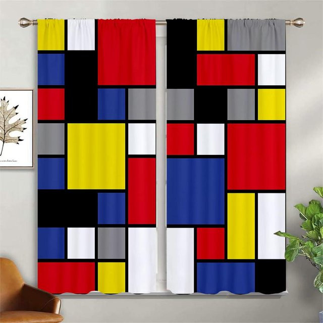 Moderne 3D-gedruckte Vorhänge mit buntem Karomuster aus Polyester, 2er-Set, B: 50 cm, H: 160 cm - Bild 1