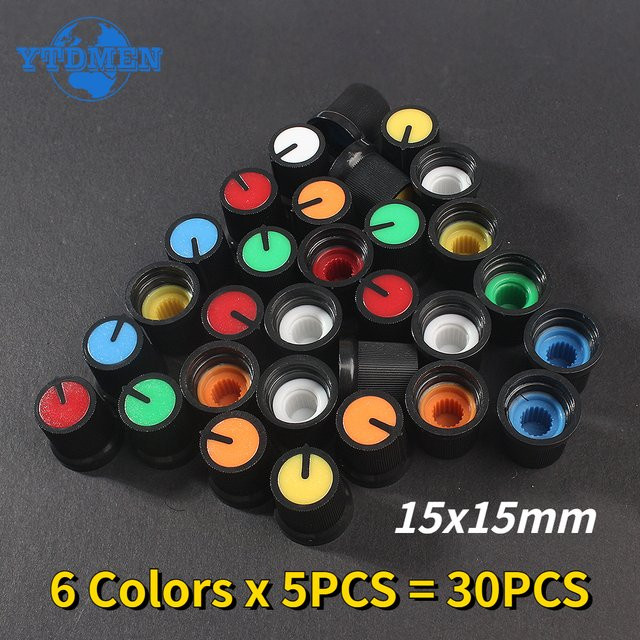 YTDMEN Potentiometer-Knopfkappen WH148 mit Kupferkern, 30 Stück in 6 Farben (Gelb, Orange, Blau, Weiß, Rot, Grün), B/T/H: 1,5 x 1,5 cm, 6 mm Loch AG3 - Bild 1