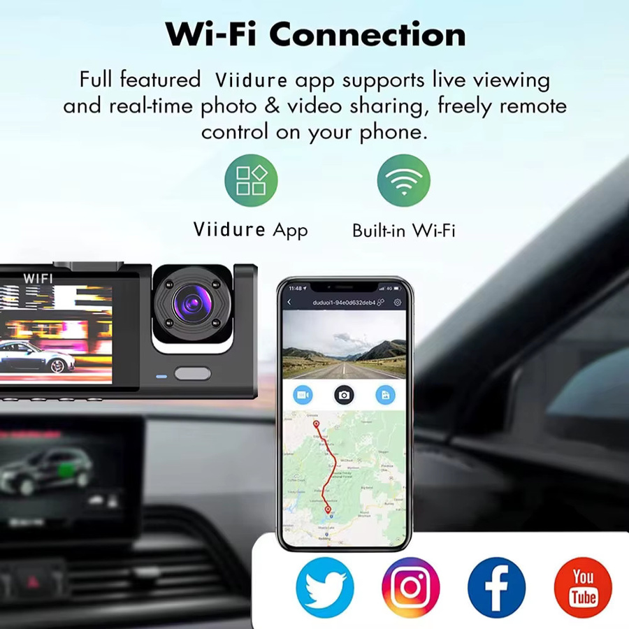 MYOLSD 3-Kanal Dashcam mit WiFi und Full HD 1080P, Auto DVR Innenraumkamera und Fahrzeug-Videorekorder, Schwarz - Bild 4