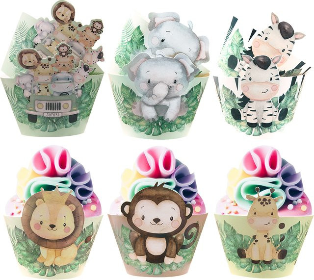 16 Stück Tier Motiv Cupcake Wrapper aus Papier für Kinder Dschungel Safari Geburtstag Party Dekoration in Mehrfarbig - Bild 1