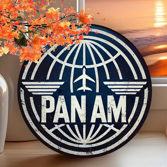 Potdemiel Vintage Pan Am Airways Aluminiumschild Rund in Blau mit Gravur als Retro-Wandkunstdekoration, Durchmesser: 20 cm - Bild 1