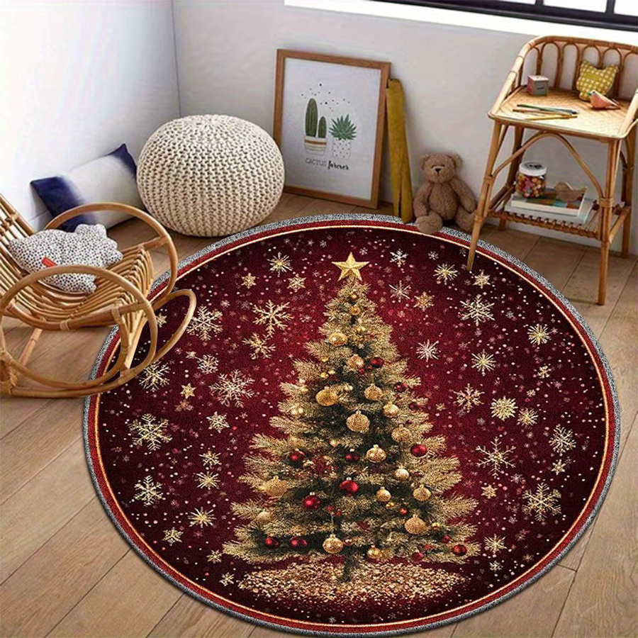 VIKAMA Rund Teppich mit Weihnachtsmuster in Purpurrot und Schneeflocken-Design für Wohnzimmer und Schlafzimmer, Durchmesser: 80 cm - Bild 4