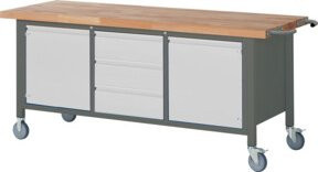 STIER Fahrbare Werkbank Premium in Grau mit 3 Schubladen und 2 Flügeltüren, B/T/H: 200 x 70 x 88 cm - Bild 1