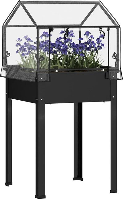 Outsunny Hochbeetkasten aus Stahl und Kunststoff in Schwarz mit Gewächshausschutz und Ablaufloch, B: 60 cm, T: 60 cm, H: 120 cm - Bild 1