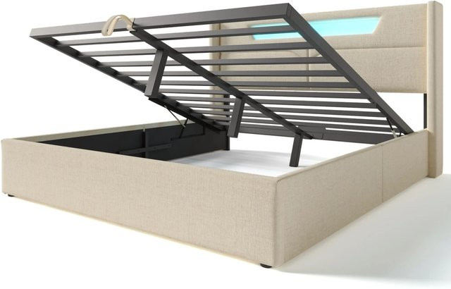 Merax Polsterbett mit Lift-up-Funktion und LED-Unterbettbeleuchtung inklusive USB-C Ladestation, Farbe: Beige, B/T/H: 160 x 200 x 107 cm - Bild 1