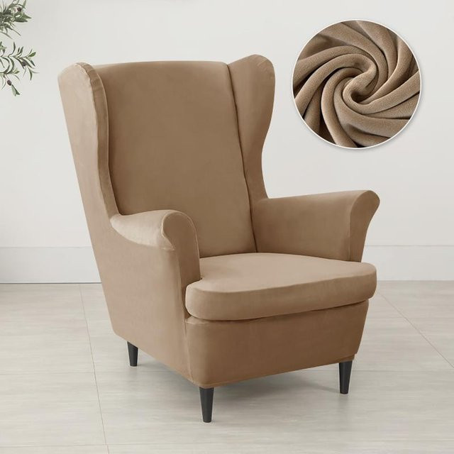 Elastischer Samt Ohrensesselbezug aus Stretch-Spandex in Beige mit Sitzkissenbezug - Bild 1