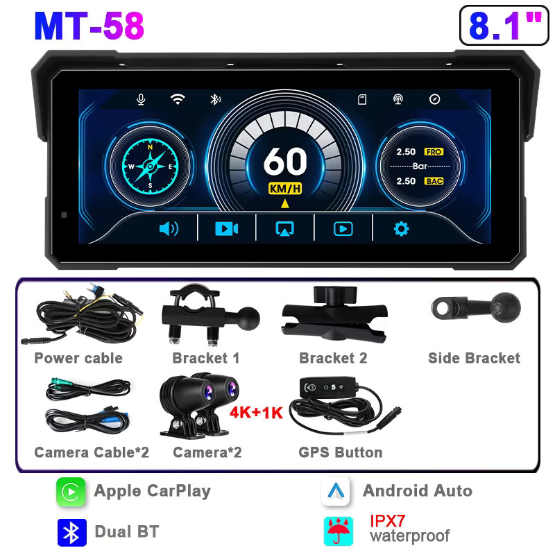 Jansite Tragbares Motorrad-Navigationssystem mit 8,1 Zoll 4K DVR Touchscreen, kabelloses CarPlay, GPS, Bluetooth und Wi-Fi, IP67 wasserdicht und staubdicht, Schwarz - Bild 4