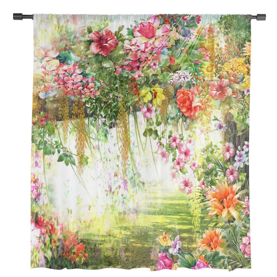 Yiran Furniture Transparente Tüll-Vorhänge im Ölgemälde-Stil mit Blumenmuster, Organza Voile, Mehrfarbig, B: 135 cm, H: 115 cm - Bild 2