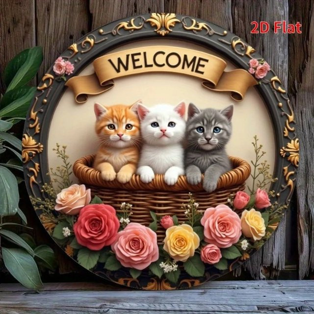 HELLOYOUNG Three Cats Welcome Metallschild rund, mehrfarbig, Durchmesser: 20 cm - Bild 1