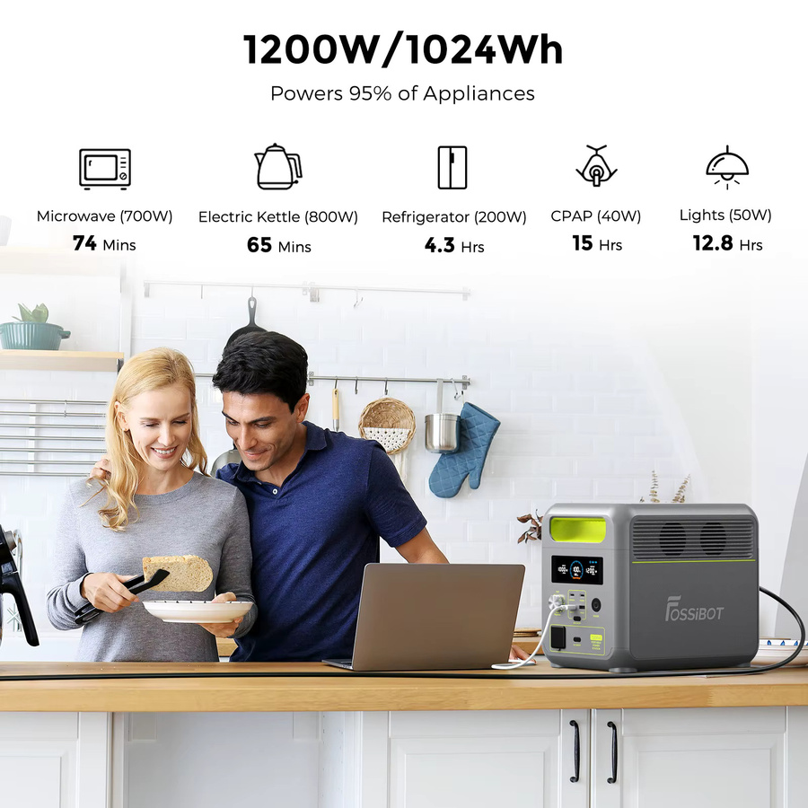 FOSSIBOT F1200 Tragbare Powerstation mit 1024Wh Kapazität, LiFePO4-Akku, 1200W Nennleistung, 7 Ausgangsanschlüsse und LED-Beleuchtung in Schwarz/Grau - Bild 2