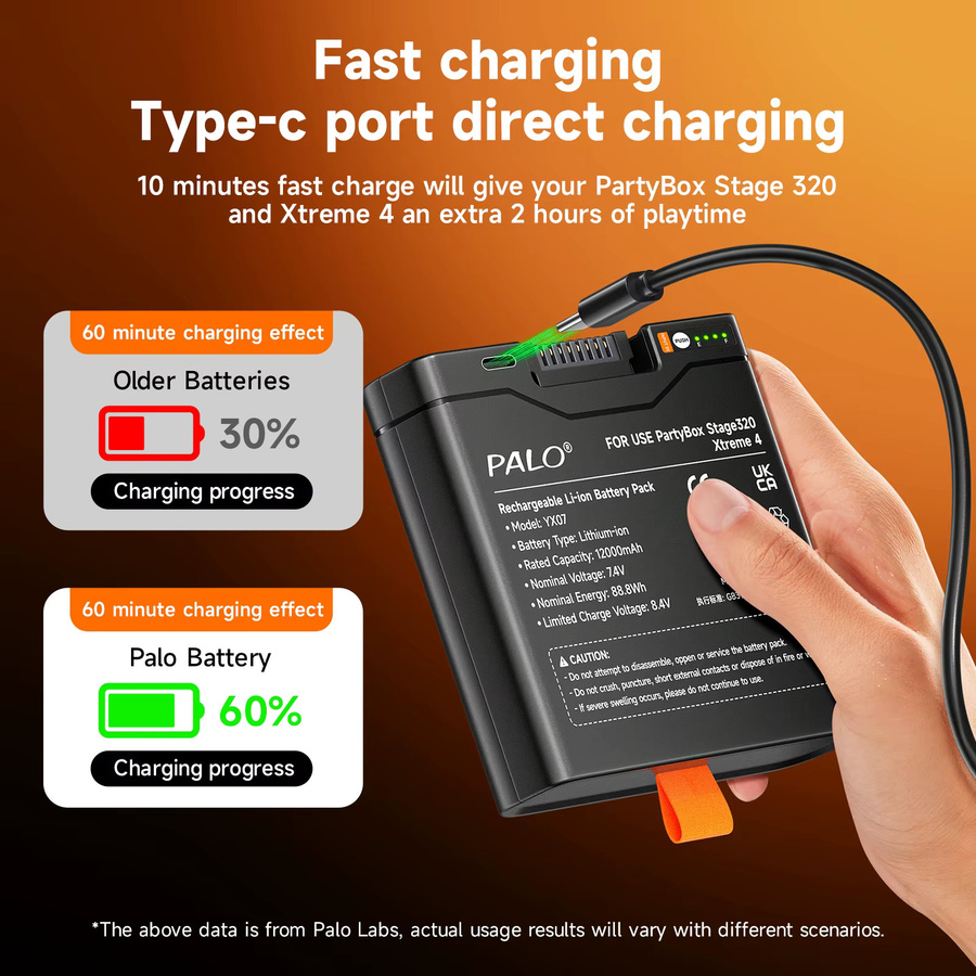 PALO Wiederaufladbarer Akku 12000 mAh in Schwarz für JBL Partybox Stage 320, JBL Battery 400 und JBL Xtreme 4 Bluetooth Lautsprecher - Bild 3