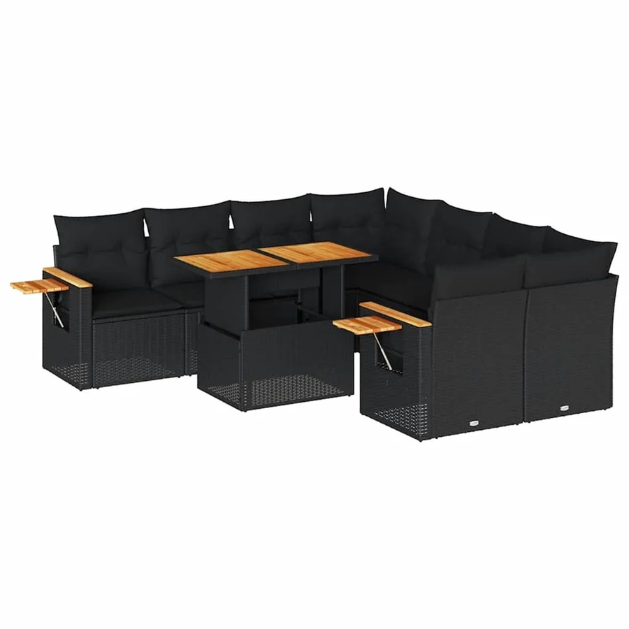 vidaXL 9-tlg. Garten-Sofagarnitur in L-Form aus Poly-Rattan und Akazienholz mit Kissen in Schwarz - Bild 2