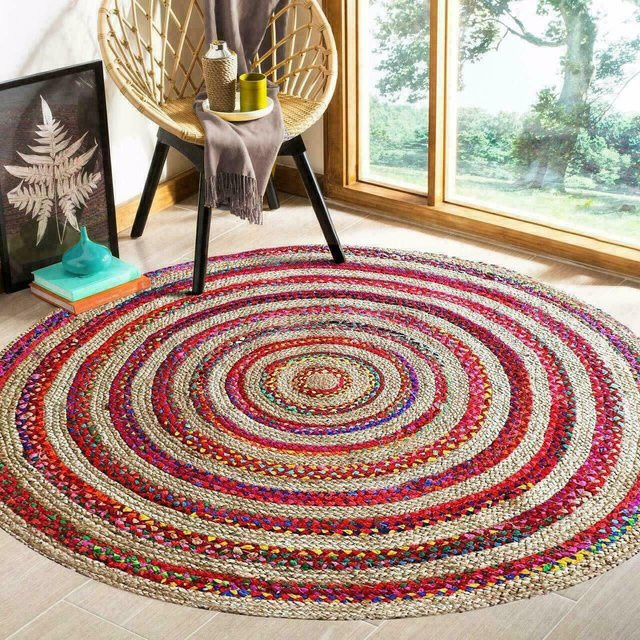 Handgefertigter runder Jute Teppich von King of the Jute Rugs in Bunt mit rustikalem Design, Durchmesser: 60 cm - Bild 1