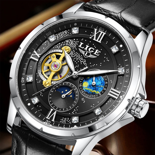 LIGE Armbanduhr Automatik, Edelstahl, Leder, Schwarz, Herren - Bild 1