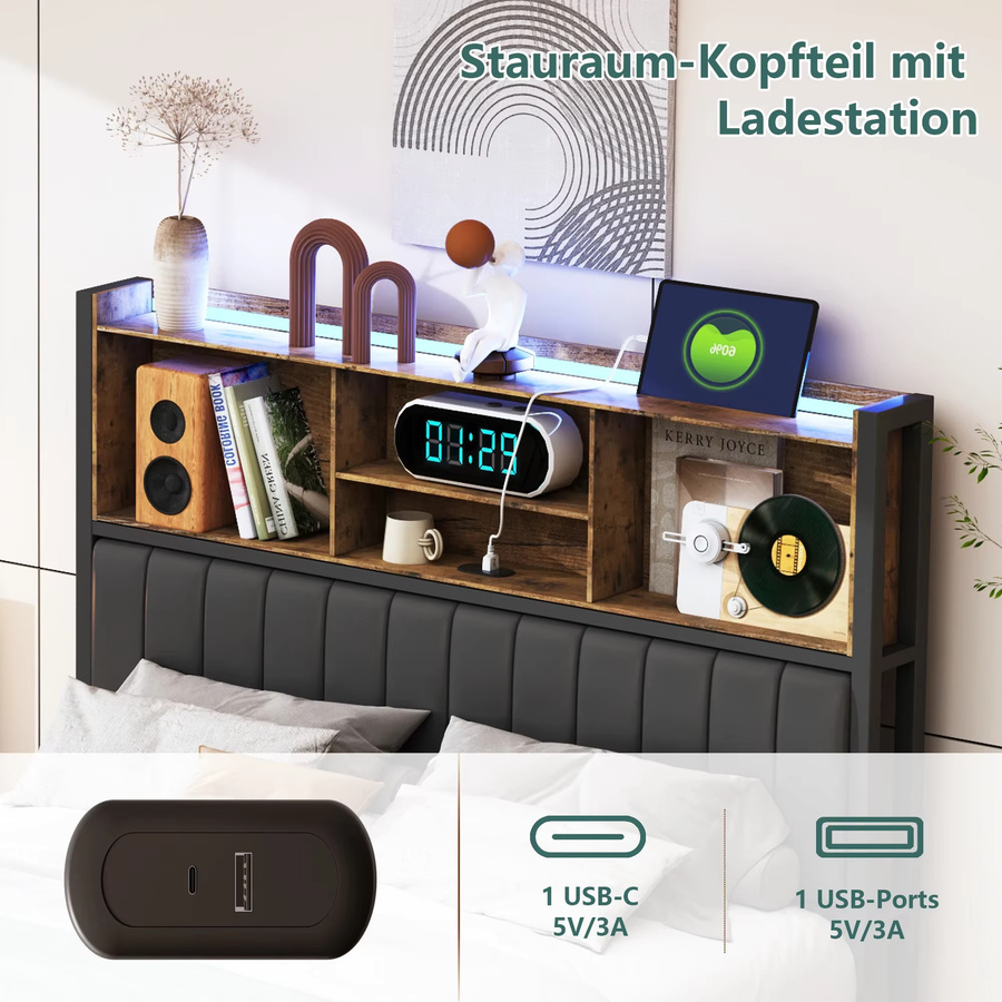 Anajqaqia Doppelbett im Industriestil aus Metall und Holz mit LED-Beleuchtung, 2 Schubladen und Stauraum im Kopfteil, Schwarz, B/T/H: 140 x 200 cm - Bild 6